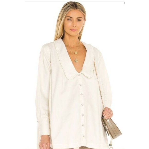 Free People Charlie Denim Button Down Top Dress Ecru Ruffle Trim Size M - Picture 1 of 11